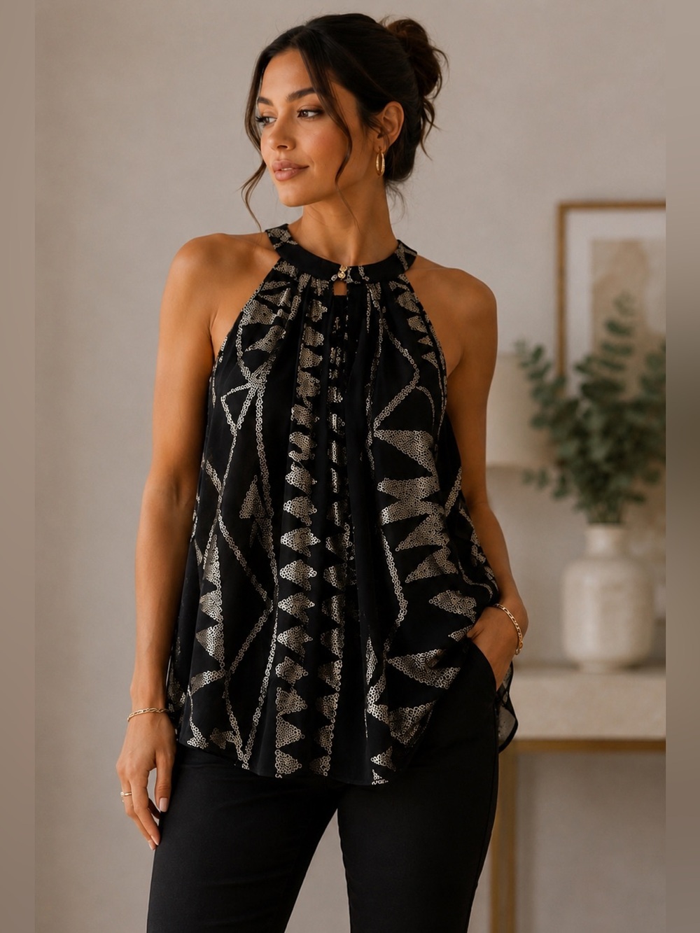 Black Halter Blouse with Metallic Gold Geometric Print Size M